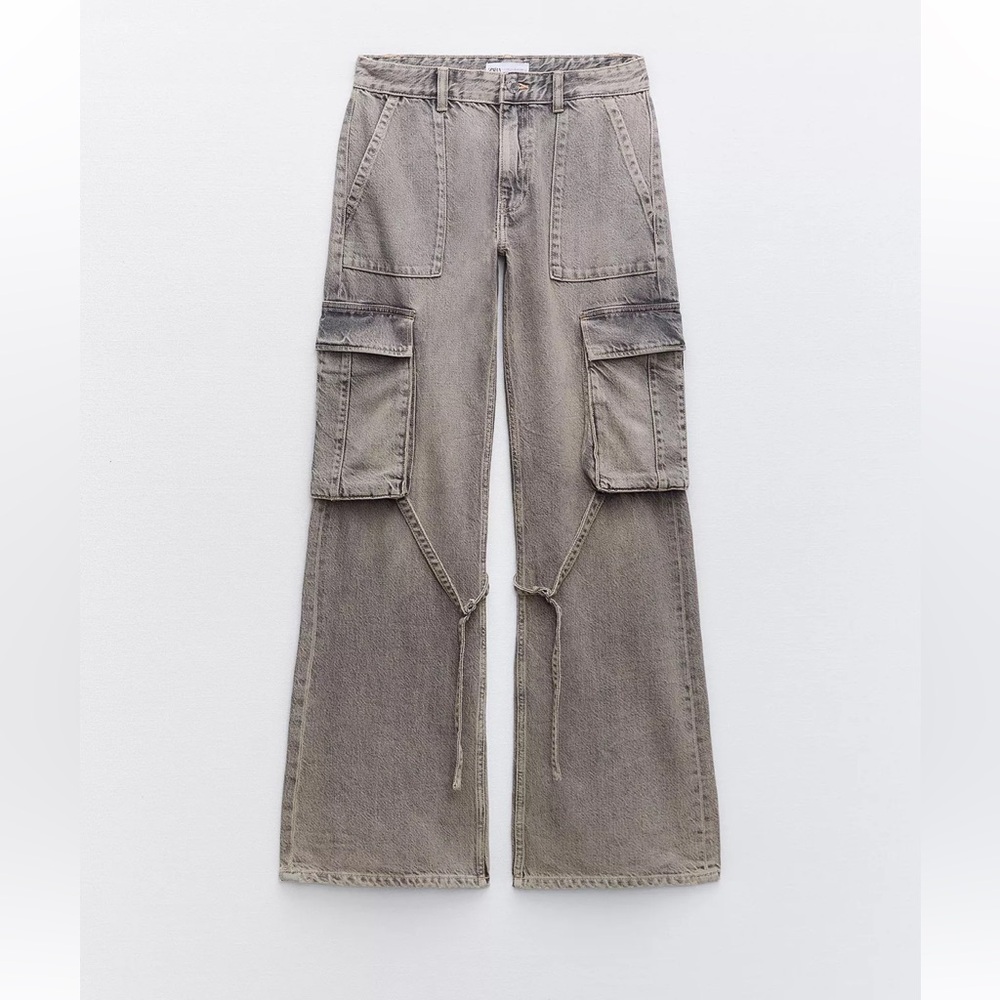 Zara Cargo Wide Leg Stonewash Denim Pants